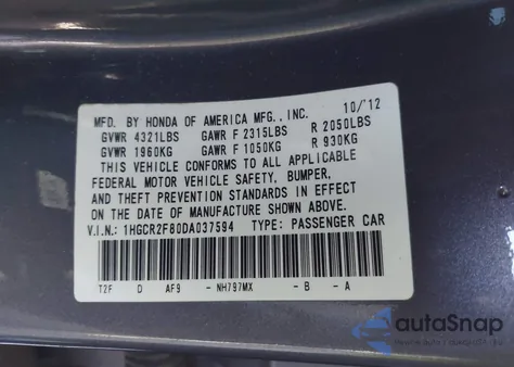 2013 Honda Accord Ex-L from USA, damaged, VIN 1HGCR2F80DA037594